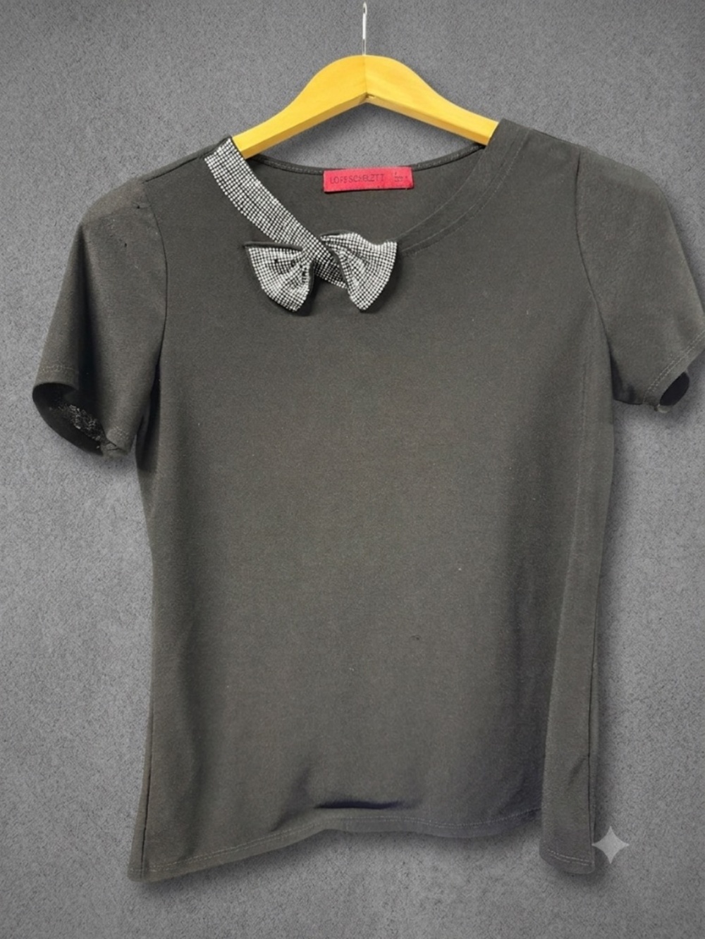 Love Scarlett Black Rhinestone Bow Blouse Top Short Sleeve Party Holiday Sz S